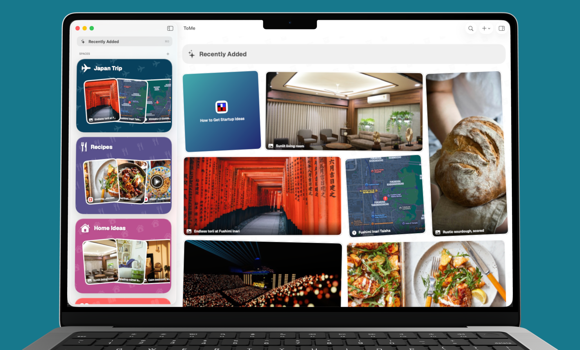 ToMe on a MacBook Pro, showing Spaces in the sidebar and recently added items in a grid
